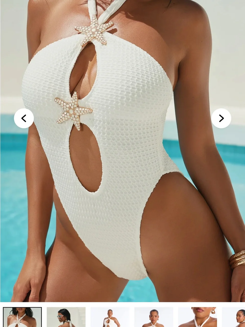 Fashion Nova White Textured Halter One-Piece Swimsuit with Starfish Detail